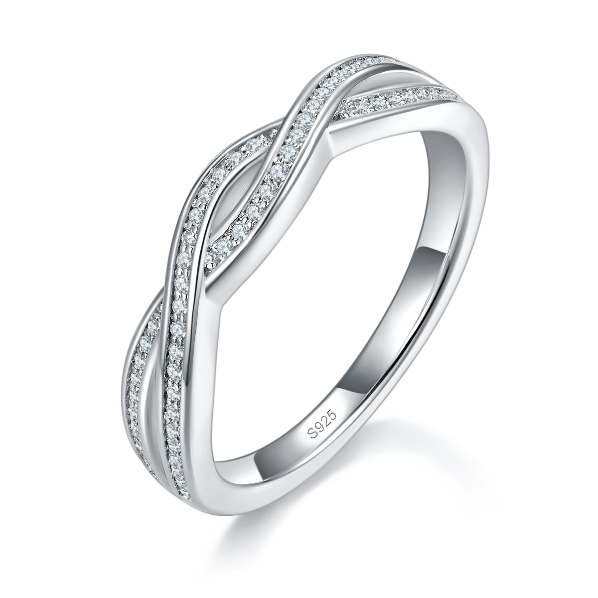 轻奢扭臂排戒女戒S925银镀白金定制选款副石莫桑钻0.18ct