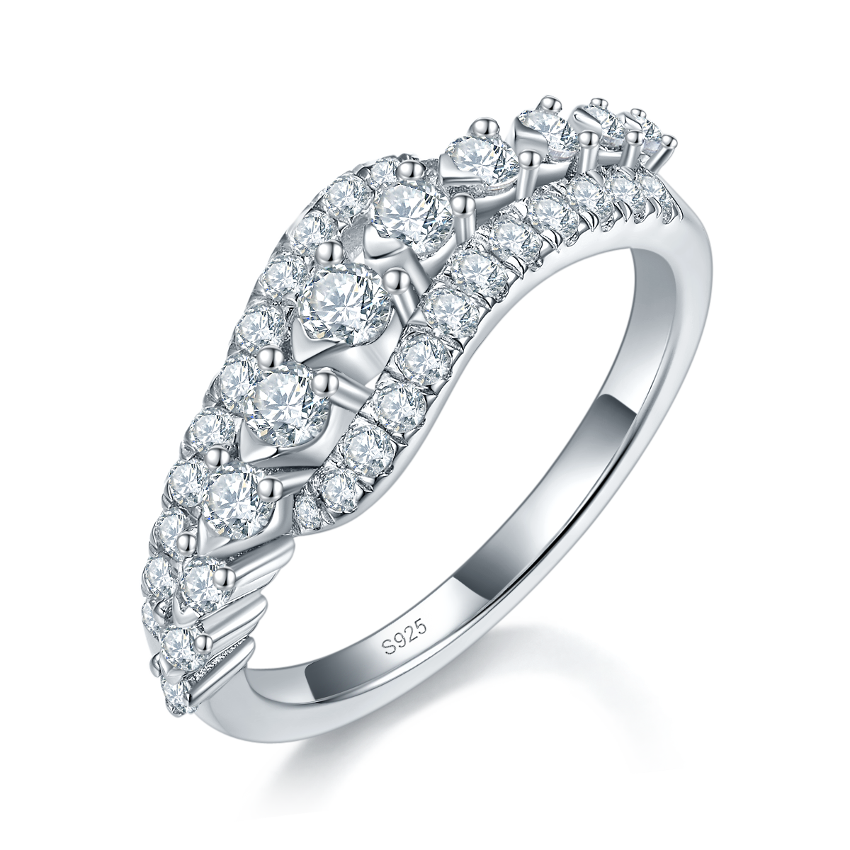 轻奢扭臂满钻排戒女戒S925银镀白金定制选款副石莫桑钻0.78ct
