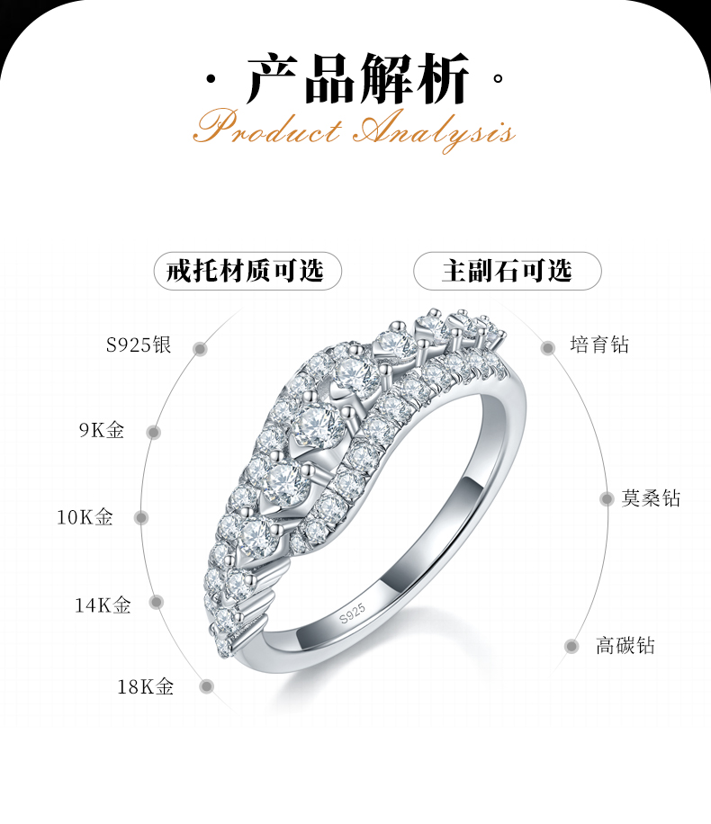 轻奢扭臂满钻排戒女戒S925银镀白金定制选款副石莫桑钻0.78ct - 2