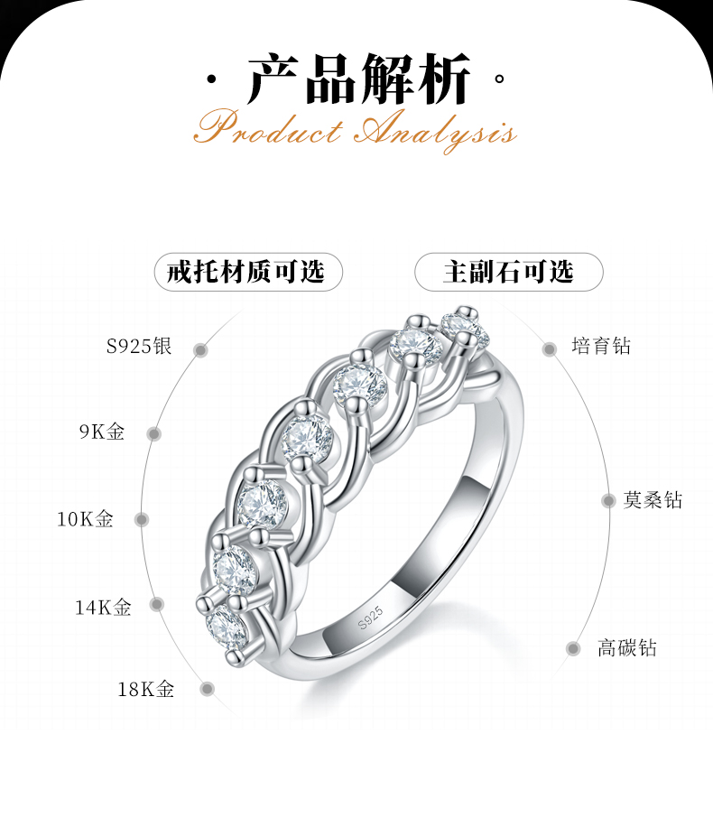 扭臂七星排戒女戒S925银镀白金定制选款副石莫桑钻0.56ct - 2