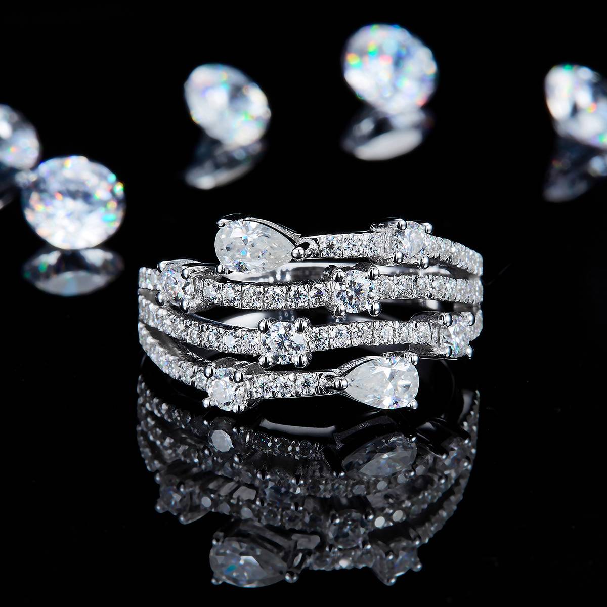 梨形满钻排戒女戒S925银镀白金定制选款副石莫桑钻1.53ct