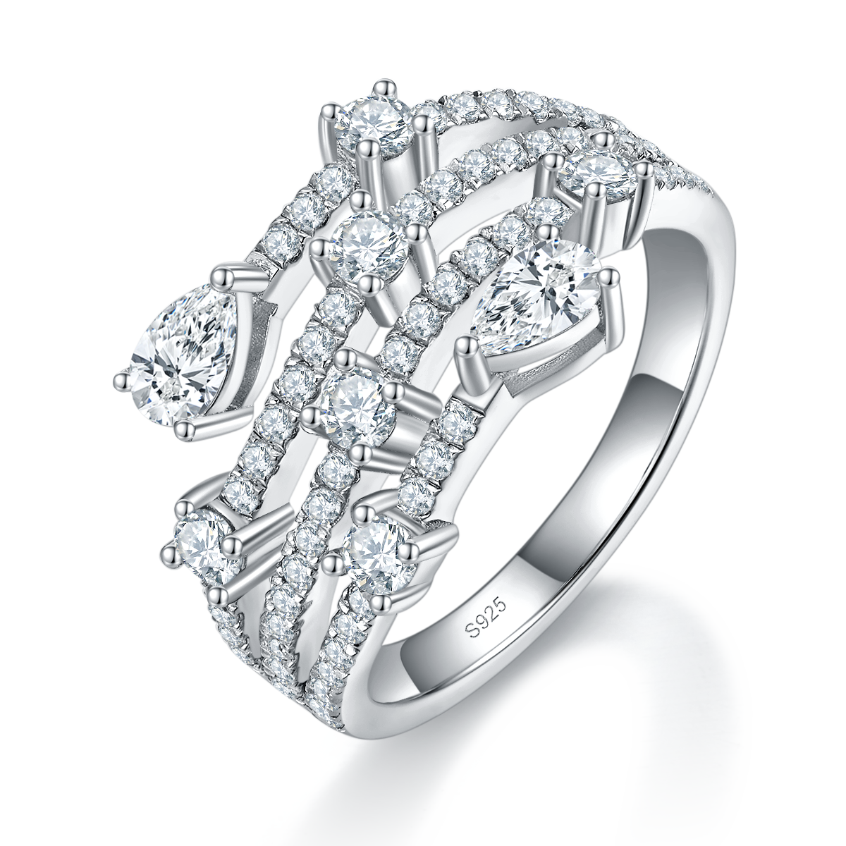 梨形满钻排戒女戒S925银镀白金定制选款副石莫桑钻1.53ct
