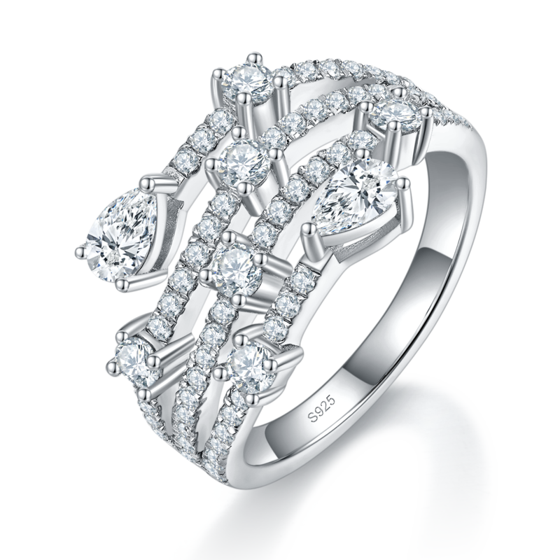 梨形满钻排戒女戒S925银镀白金定制选款副石莫桑钻1.53ct