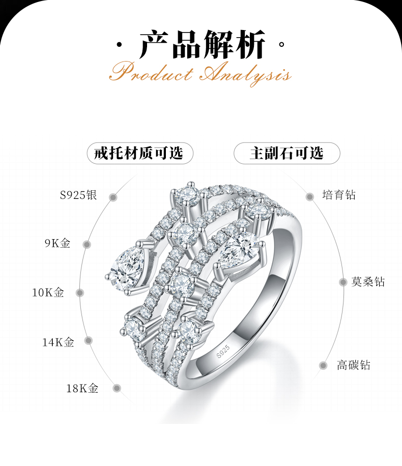 梨形满钻排戒女戒S925银镀白金定制选款副石莫桑钻1.53ct - 2