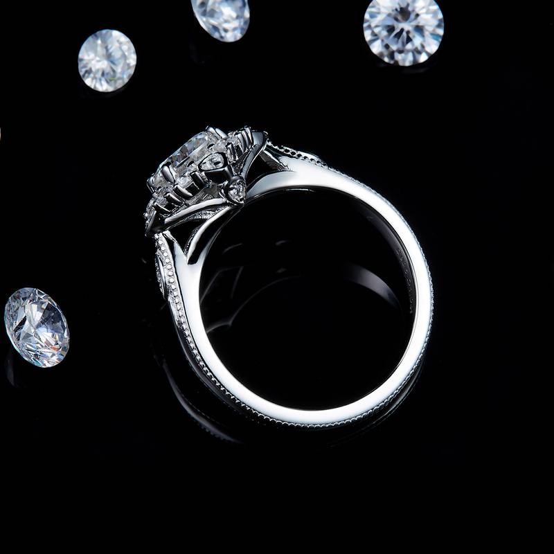 珠边轻奢圆钻女戒S925银镀白金定制选款主石莫桑钻1.0ct/副石高碳钻