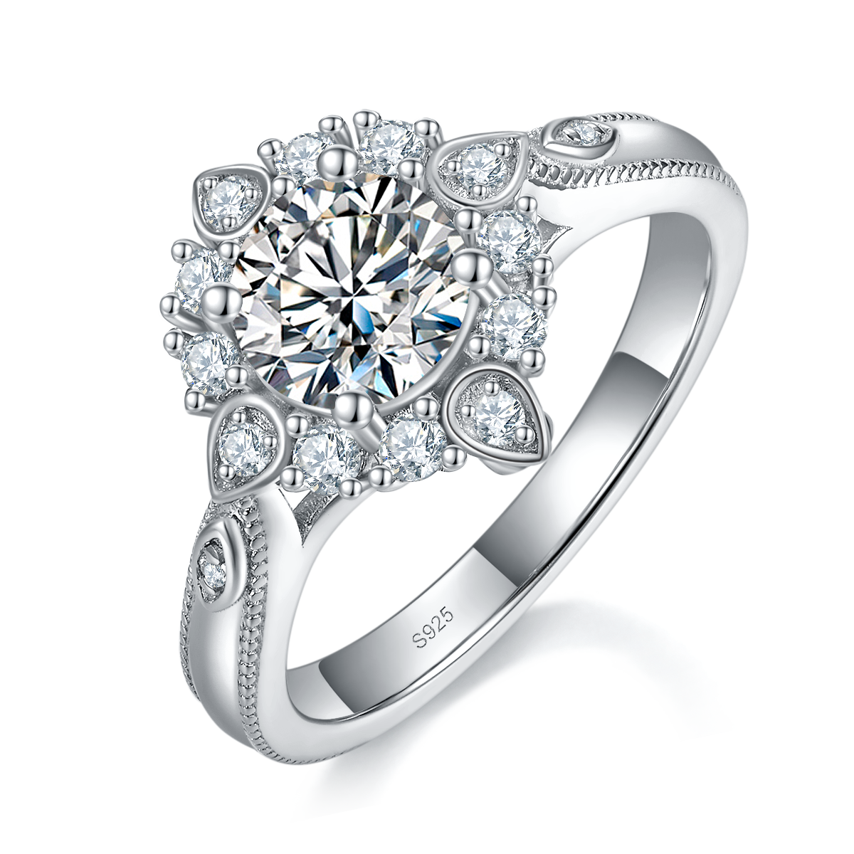 Pearl Edge Light Luxury Round Diamond Women's Ring S925 Silver Plated Platinum Customized Selection Main Stone Moissanite 1.0ct/Side Stone Cubic Zirconia