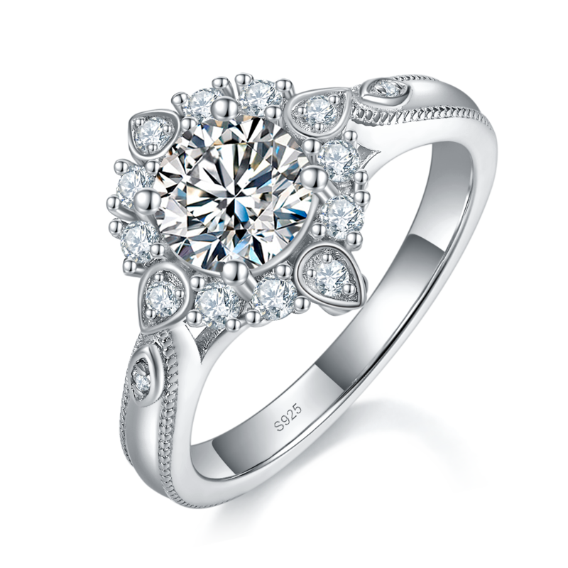 珠边轻奢圆钻女戒S925银镀白金定制选款主石莫桑钻1.0ct/副石高碳钻