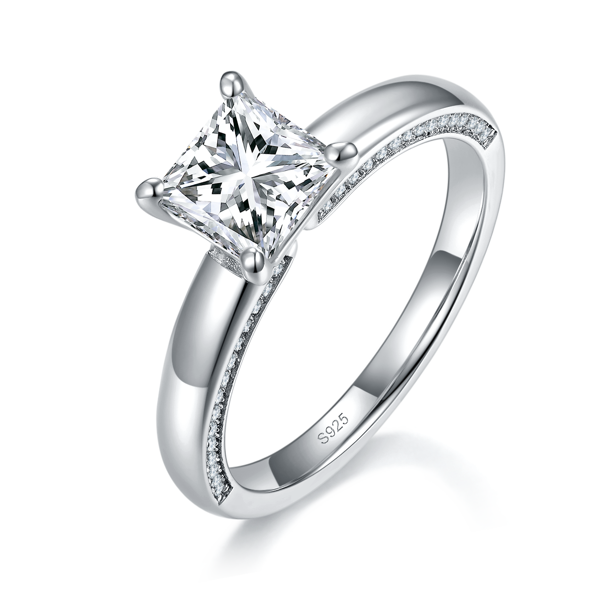 Simplified Princess Women's Ring S925 Silver Plated Platinum Customized Selection Main Stone Moissanite 1.2ct/Side Stone Cubic Zirconia