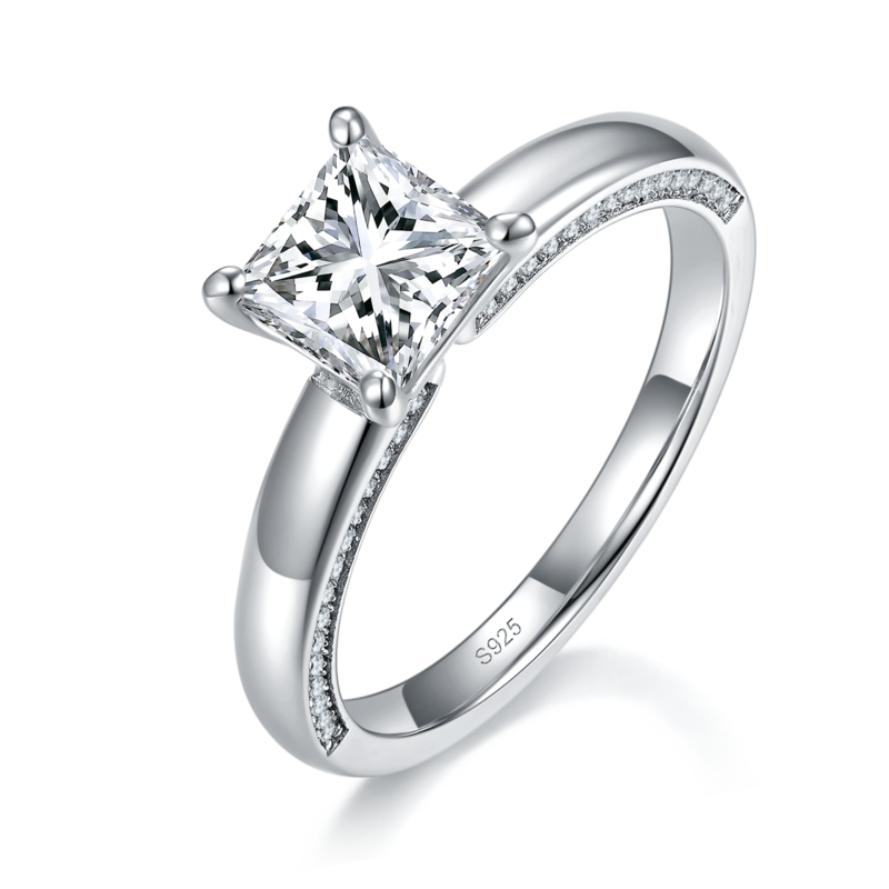 简约公主方女戒S925银镀白金定制选款主石莫桑钻1.2ct/副石高碳钻