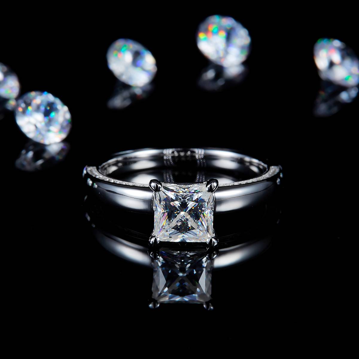 Simplified Princess Women's Ring S925 Silver Plated Platinum Customized Selection Main Stone Moissanite 1.2ct/Side Stone Cubic Zirconia