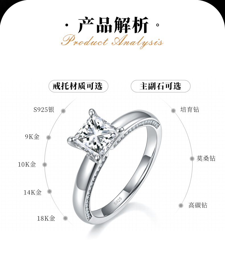 简约公主方女戒S925银镀白金定制选款主石莫桑钻1.2ct/副石高碳钻 - 2