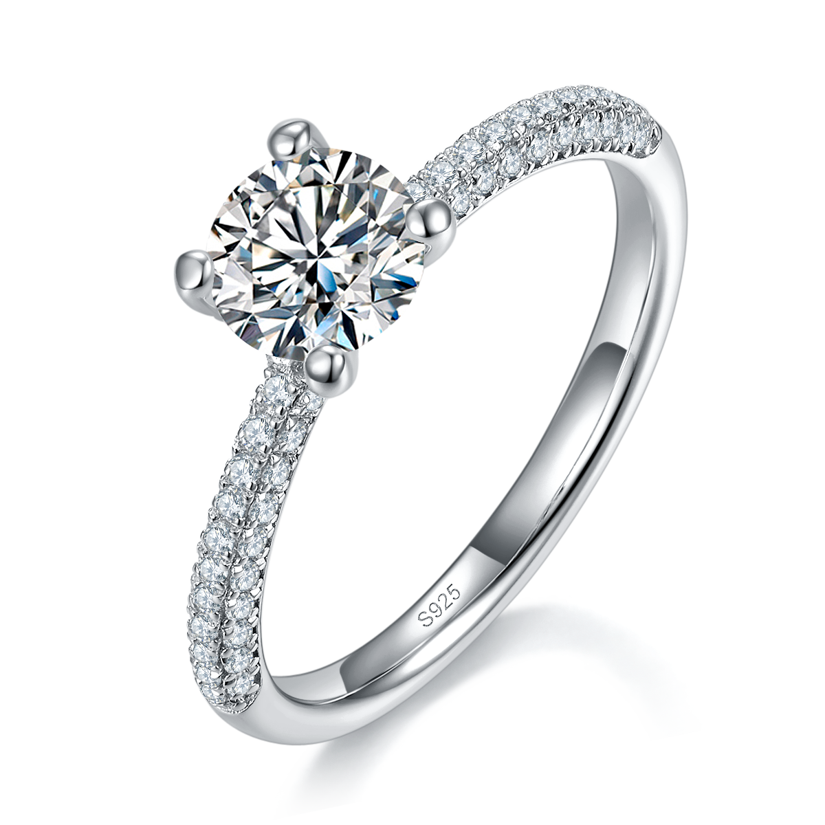 Light Luxury Full Diamond Four Claw Women's Ring S925 Silver Plated Platinum Customized Selection Main Stone Moissanite 1.0ct/Side Stone Cubic Zirconia