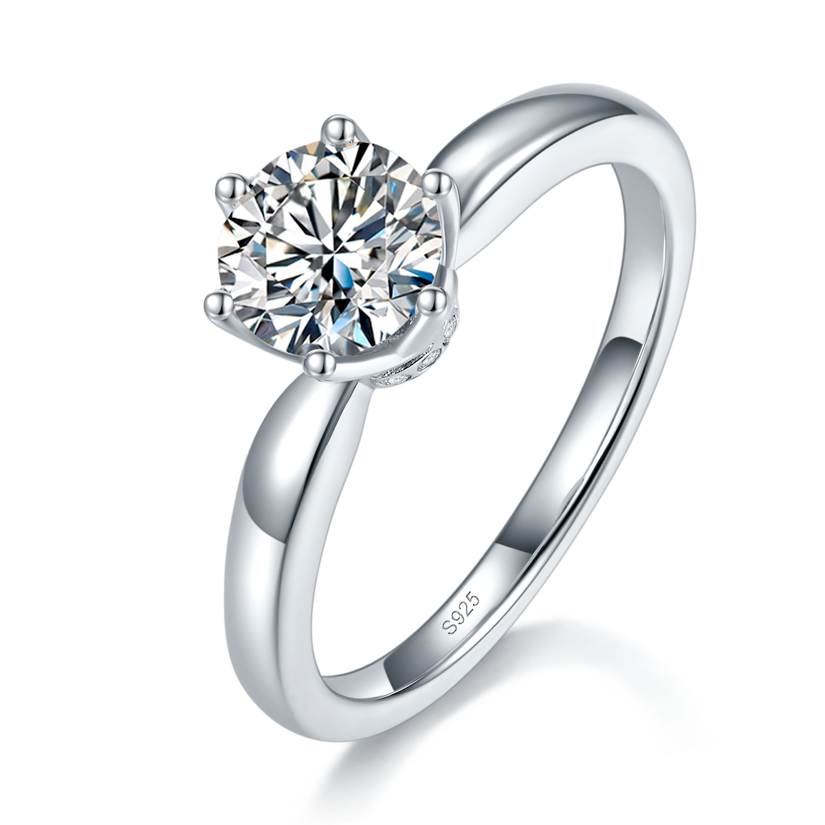 花朵六爪女戒S925银镀白金定制选款主石莫桑钻1.0ct/副石高碳钻