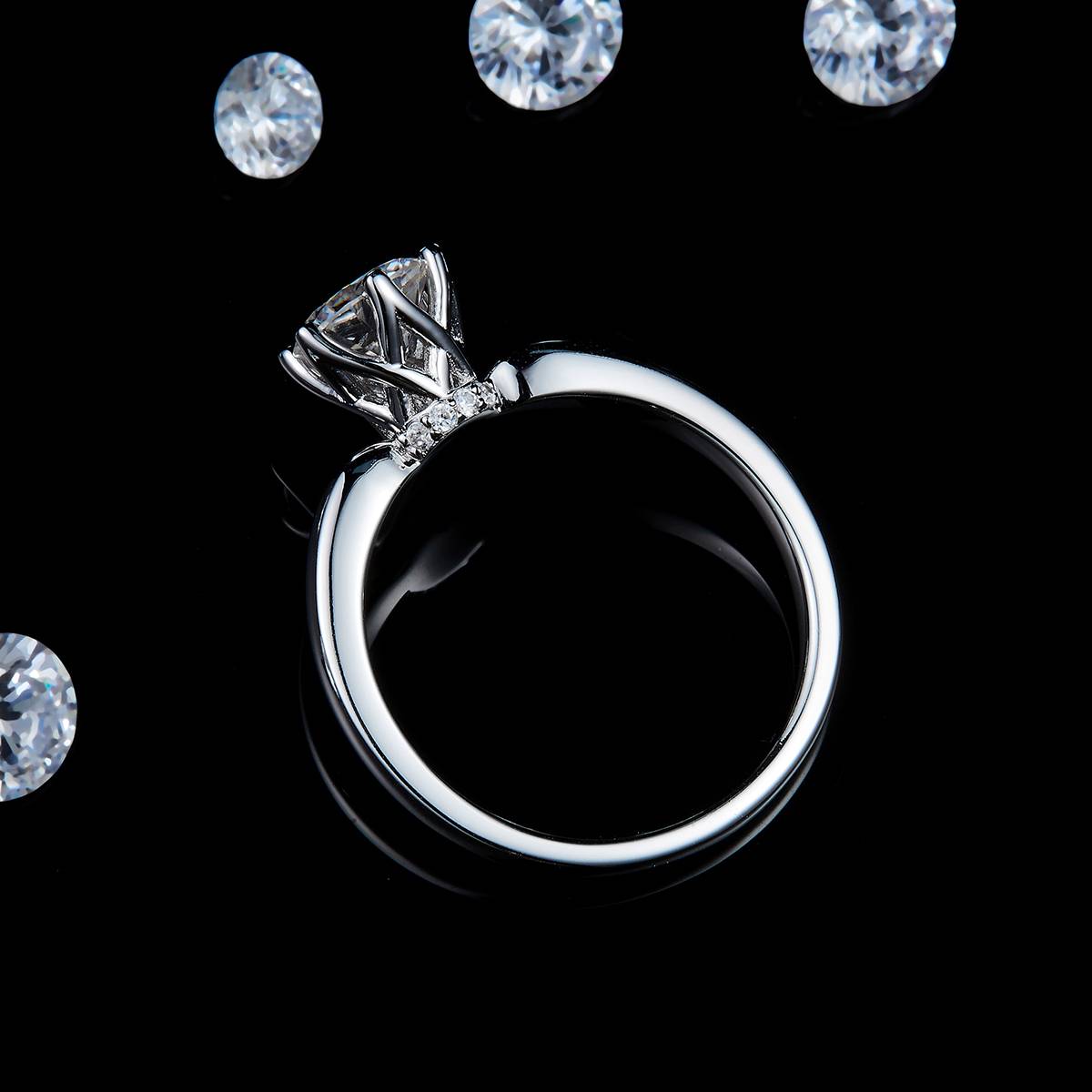花朵六爪女戒S925银镀白金定制选款主石莫桑钻1.0ct/副石高碳钻