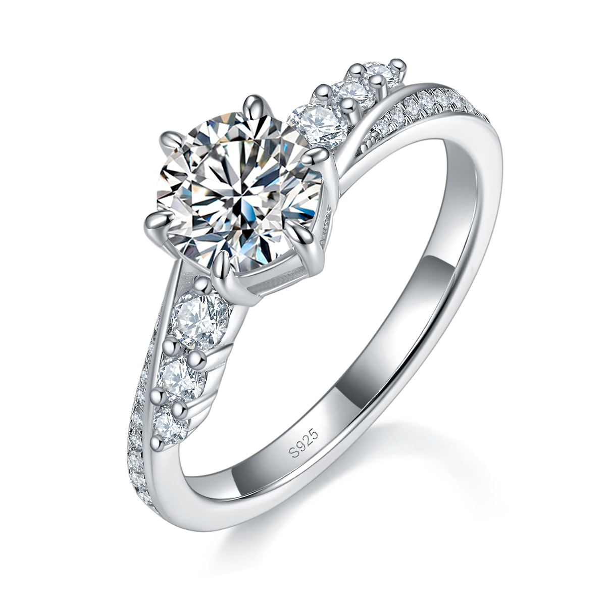 Twisted Arm Full Diamond Six Claw Women's Ring S925 Silver Plated Platinum Customized Selection Main Stone Moissanite 1.0ct/Side Stone Cubic Zirconia