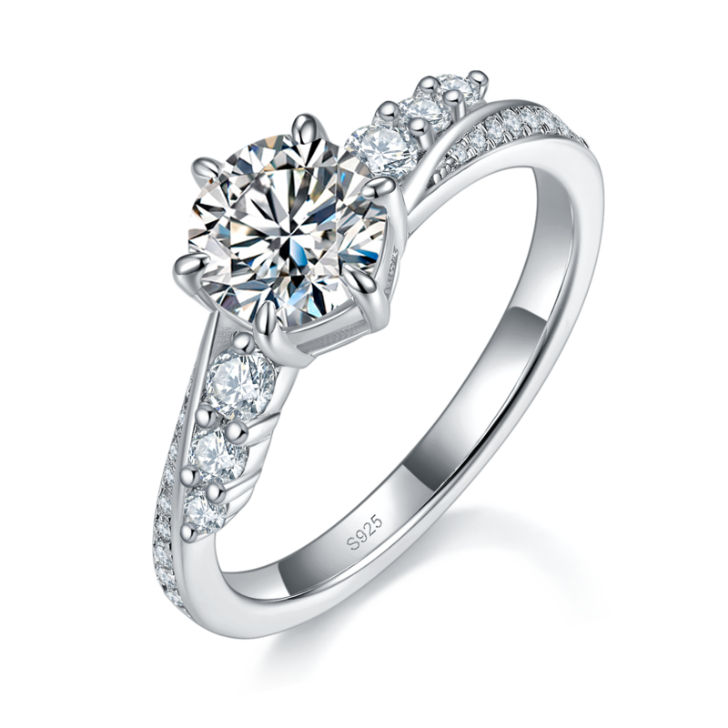 扭臂满钻六爪Women's RingS925银镀白金定制选款主石Moissanite1.0ct/副石高碳钻