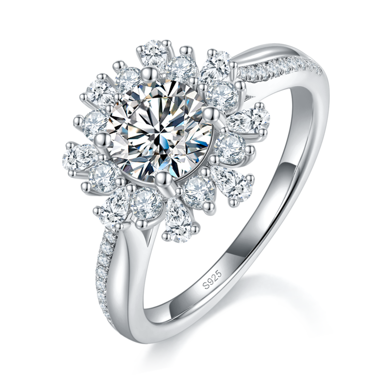 梨形碎钻太阳花Women's RingS925银镀白金定制选款主石Moissanite1.0ct/副石高碳钻