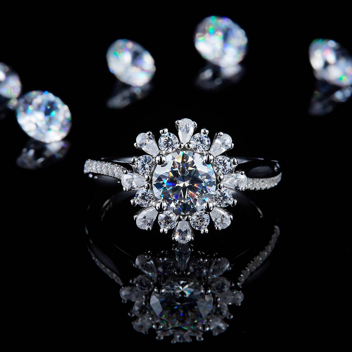 Pearl Broken Diamond Sunflower Women's Ring S925 Silver Plated Platinum Customized Selection Main Stone Moissanite 1.0ct/Side Stone Cubic Zirconia