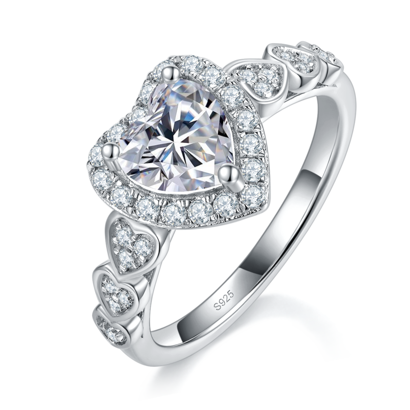 心形圆包女戒S925银镀白金定制选款主石莫桑钻1.0ct/副石高碳钻