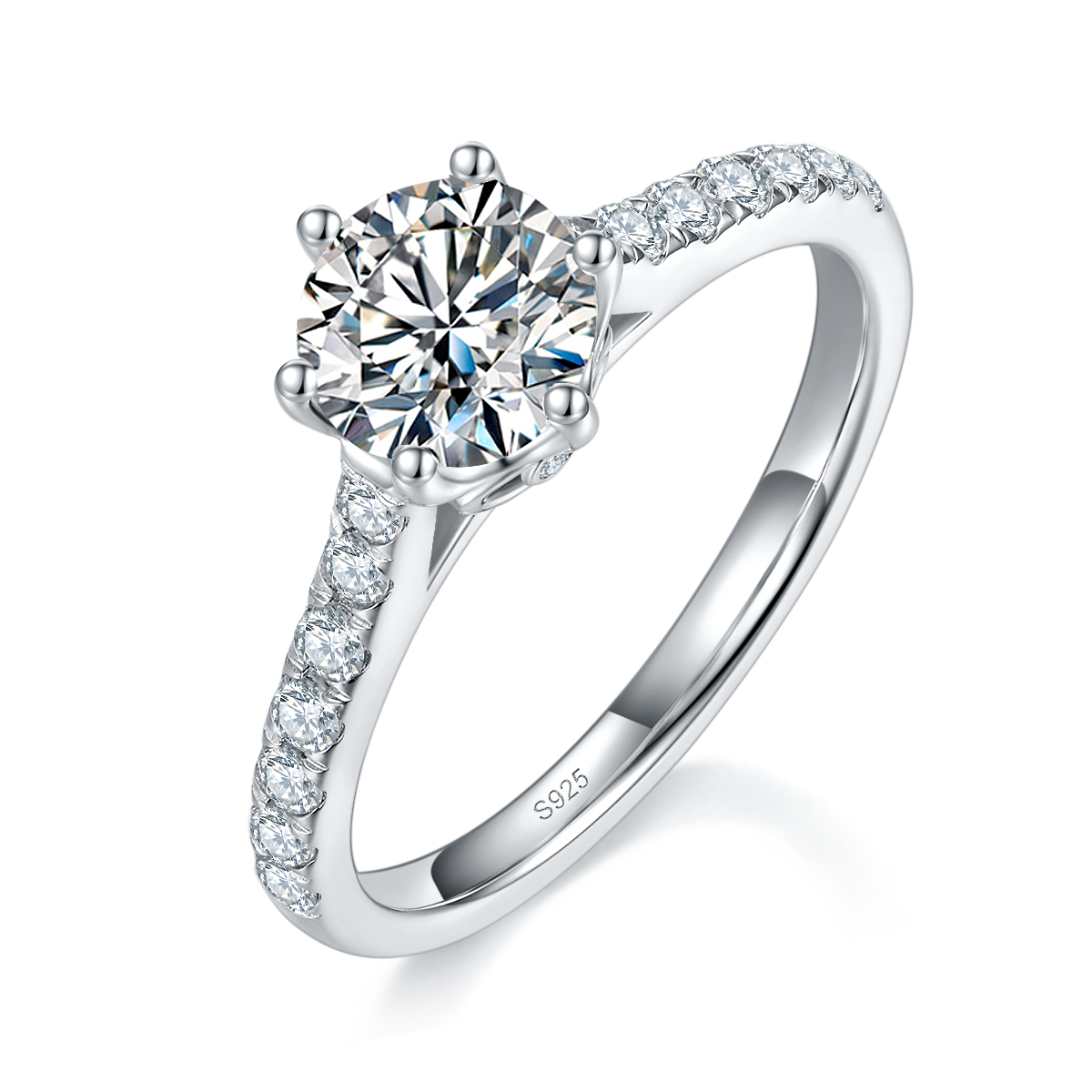 直臂微镶六爪女戒S925银镀白金定制选款主石莫桑钻1.0ct/副石高碳钻