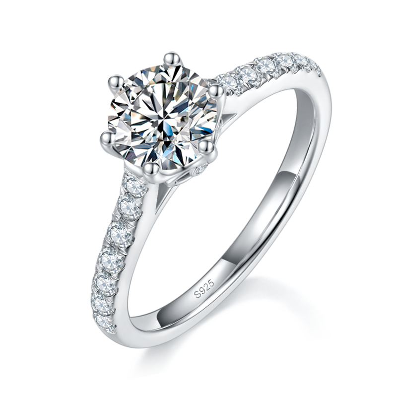 直臂微镶六爪Women's RingS925银镀白金定制选款主石Moissanite1.0ct/副石高碳钻