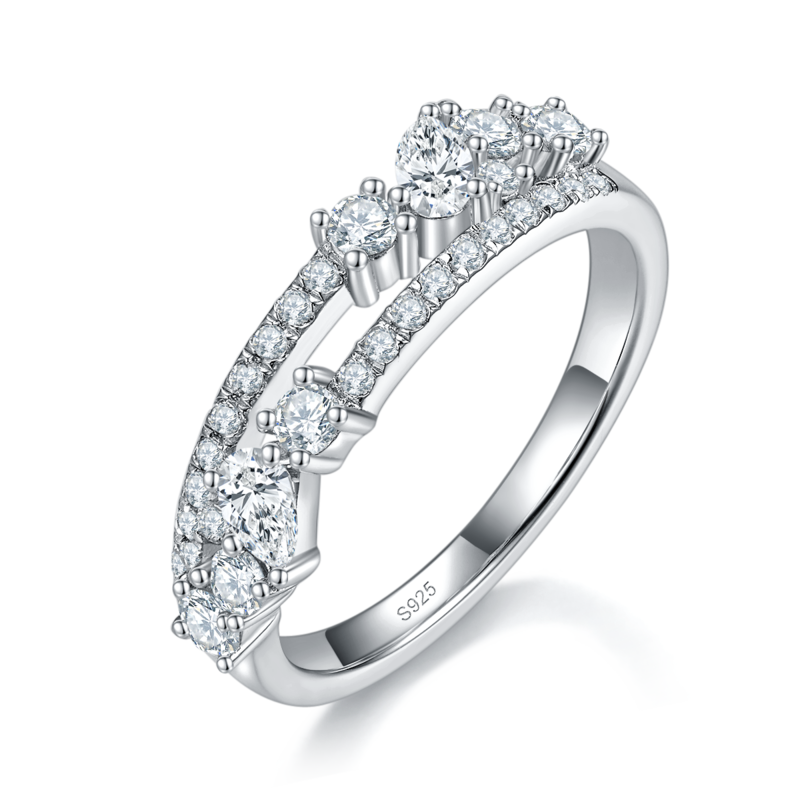 梨形碎钻排戒Women's RingS925银镀白金定制选款副石Moissanite0.9ct