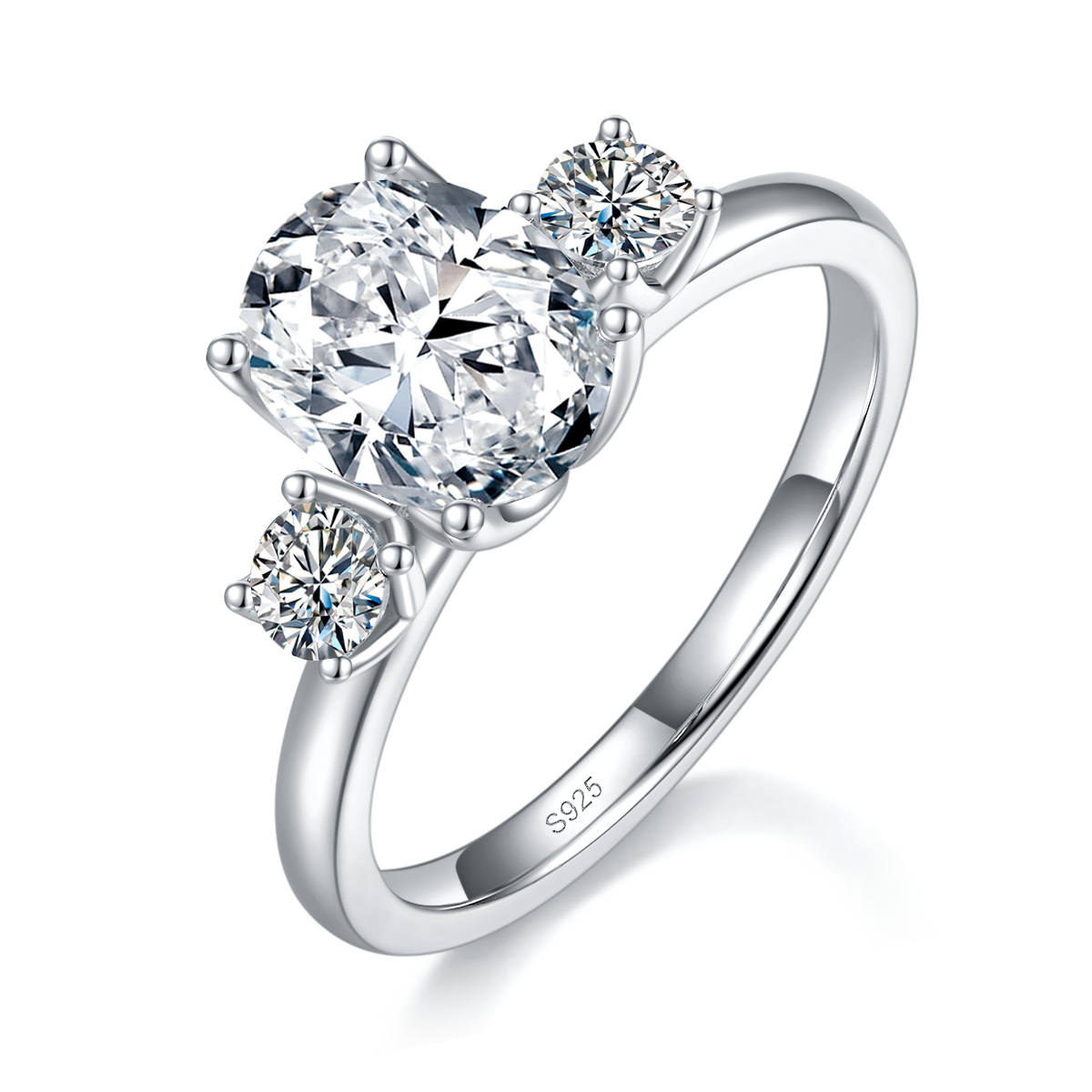 蛋形三石女戒S925银镀白金定制选款莫桑钻2.0ct