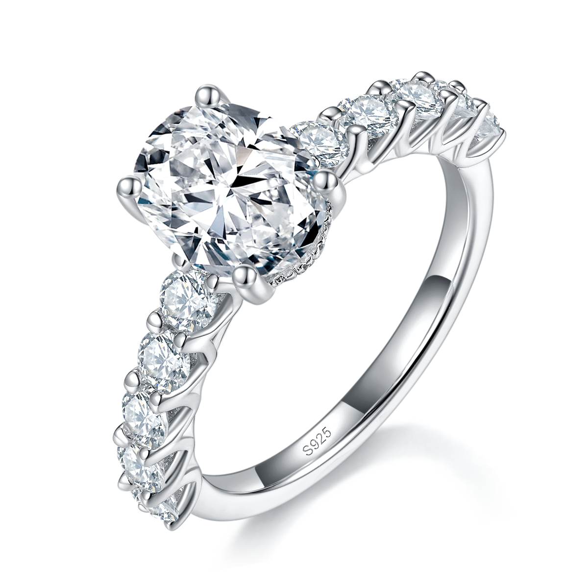 Full Diamond Oval Women's Ring S925 Silver Plated Platinum Customized Selection Main Stone Moissanite 2.0ct/Side Stone Cubic Zirconia
