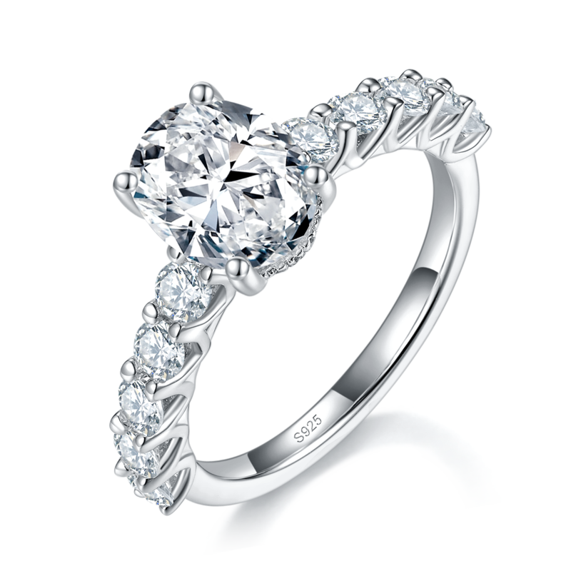满钻蛋形女戒S925银镀白金定制选款主石莫桑钻2.0ct/副石高碳钻