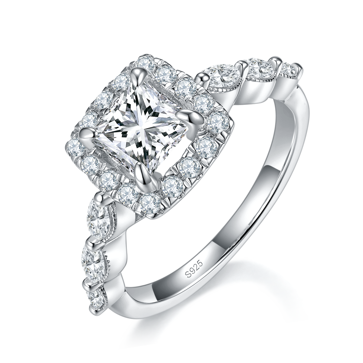 轻奢公主方钻女戒S925银镀白金定制选款主石莫桑钻1.0ct/副石高碳钻