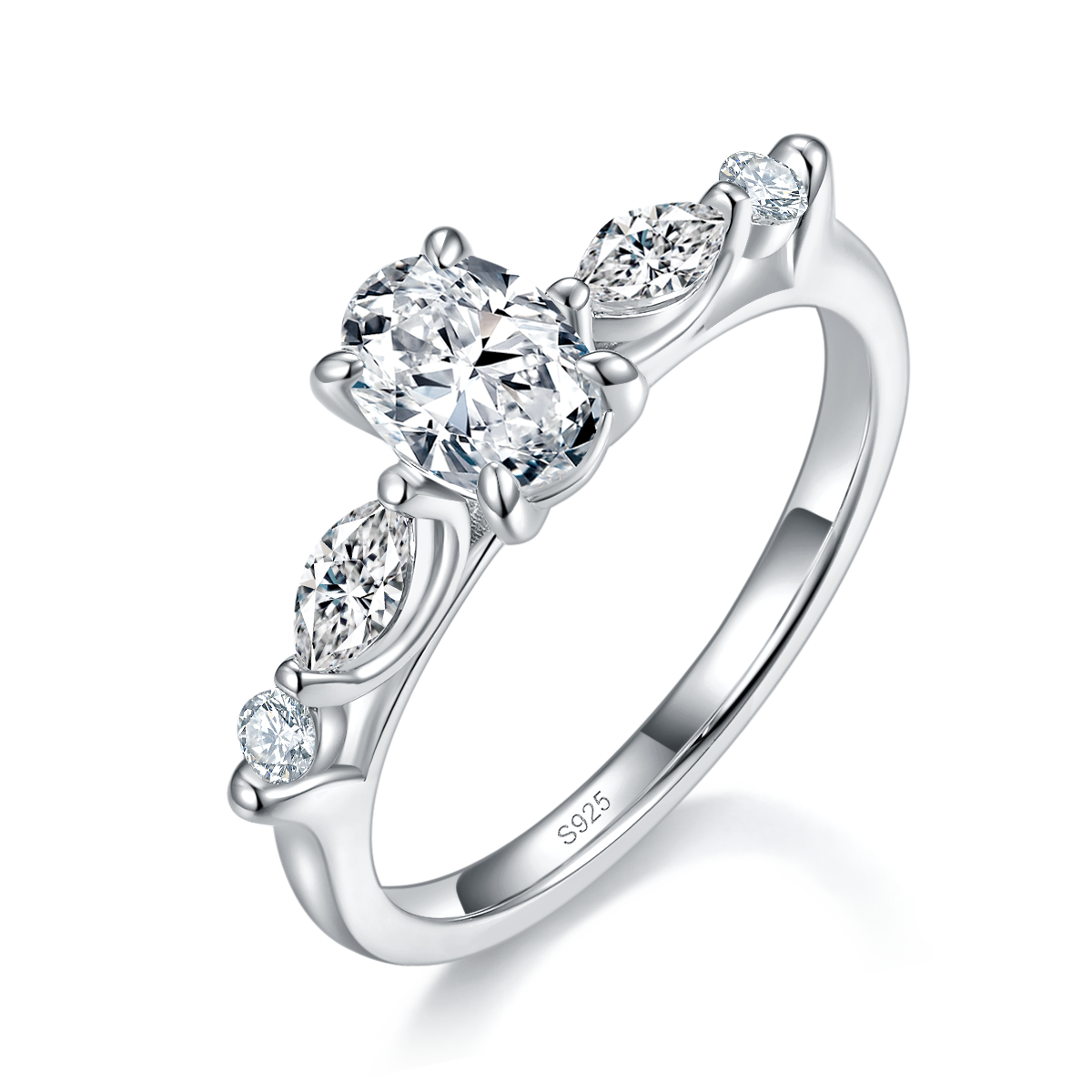 三石款蛋形女戒S925银镀白金定制选款主石莫桑钻1.0ct/副石高碳钻