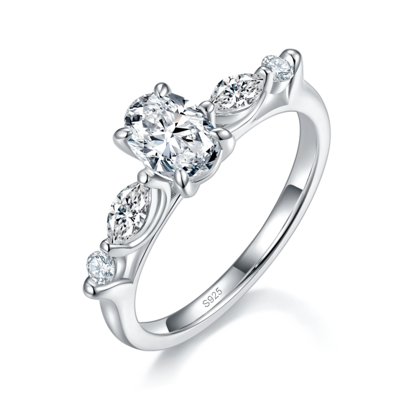 三石款蛋形Women's RingS925银镀白金定制选款主石Moissanite1.0ct/副石高碳钻