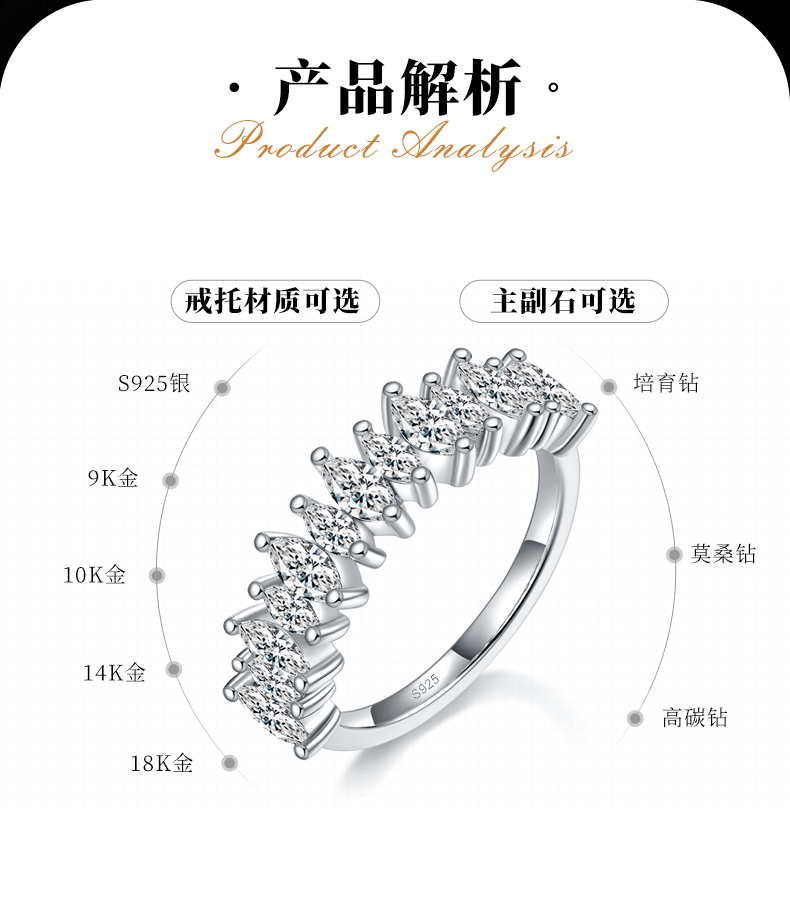 马眼钻排戒女戒S925银镀白金定制选款副石莫桑钻2.0ct - 2
