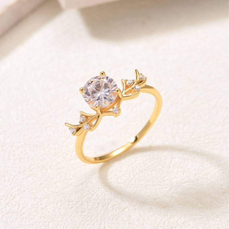 MR0156款S25银镀18K黄金圆形Moissanite藤蔓枝叶Women's Ring主石1.2ct/7.0mm
