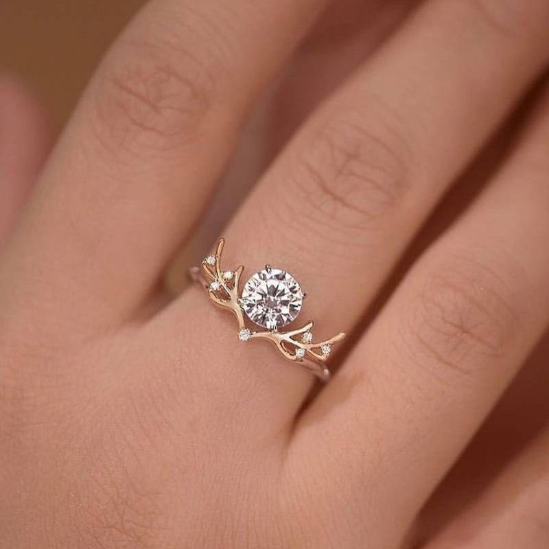 MR0156款S25银镀18K黄金圆形Moissanite藤蔓枝叶Women's Ring主石1.2ct/7.0mm