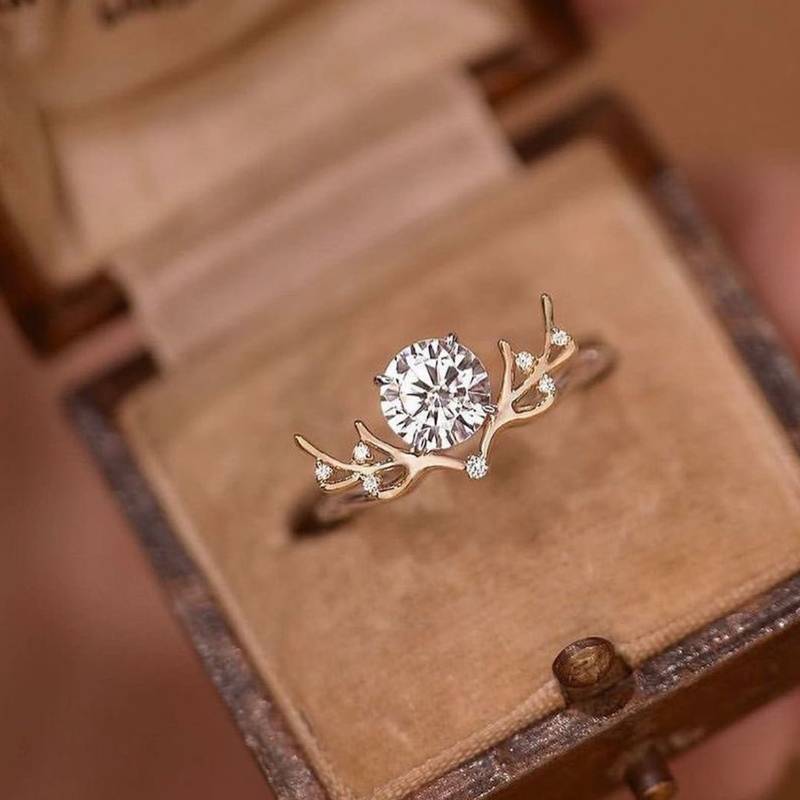 MR0156款S25银镀18K黄金圆形Moissanite藤蔓枝叶Women's Ring主石1.2ct/7.0mm