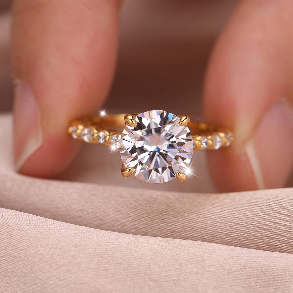 MR0158款S25银镀18K黄金圆形莫桑钻豪华花苞女戒主石3.0ct/9.0mm