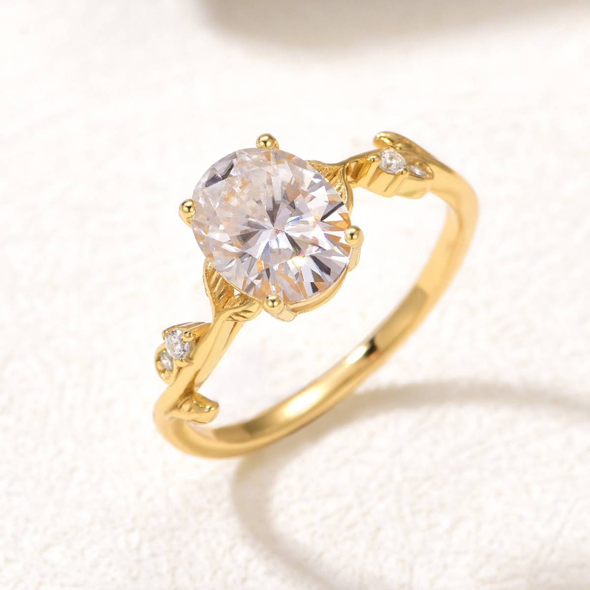MR0162款S25银镀18K黄金蛋形莫桑钻枝叶款女戒主石2.0ct/9*7mm