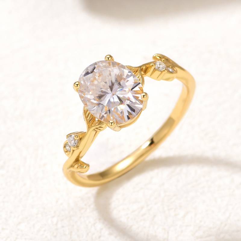 MR0162款S25银镀18K黄金蛋形Moissanite枝叶款Women's Ring主石2.0ct/9*7mmmm