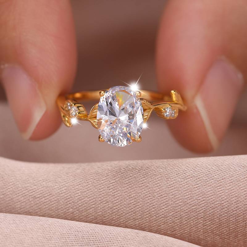MR0162款S25银镀18K黄金蛋形Moissanite枝叶款Women's Ring主石2.0ct/9*7mmmm