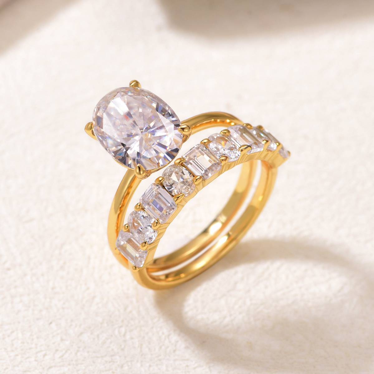 MR0165款S25银镀18K黄金蛋形莫桑钻豪华女套戒主石4.5ct/12*8mm