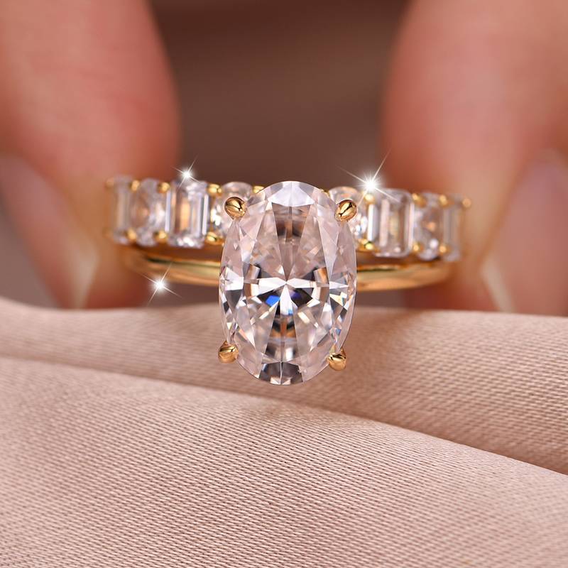 MR0165款S25银镀18K黄金蛋形莫桑钻豪华女套戒主石4.5ct/12*8mm
