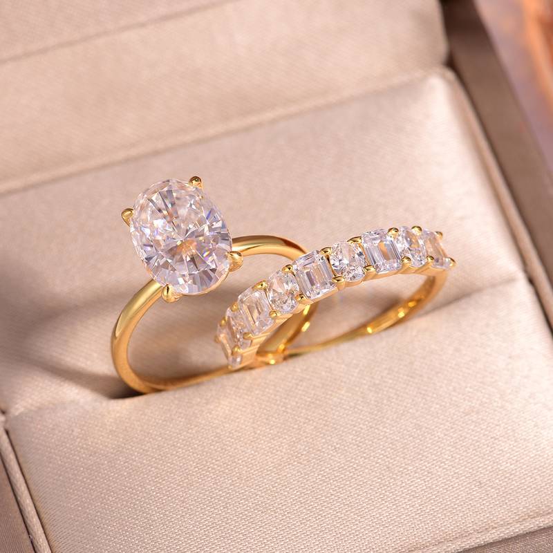 MR0165款S25银镀18K黄金蛋形莫桑钻豪华女套戒主石4.5ct/12*8mm