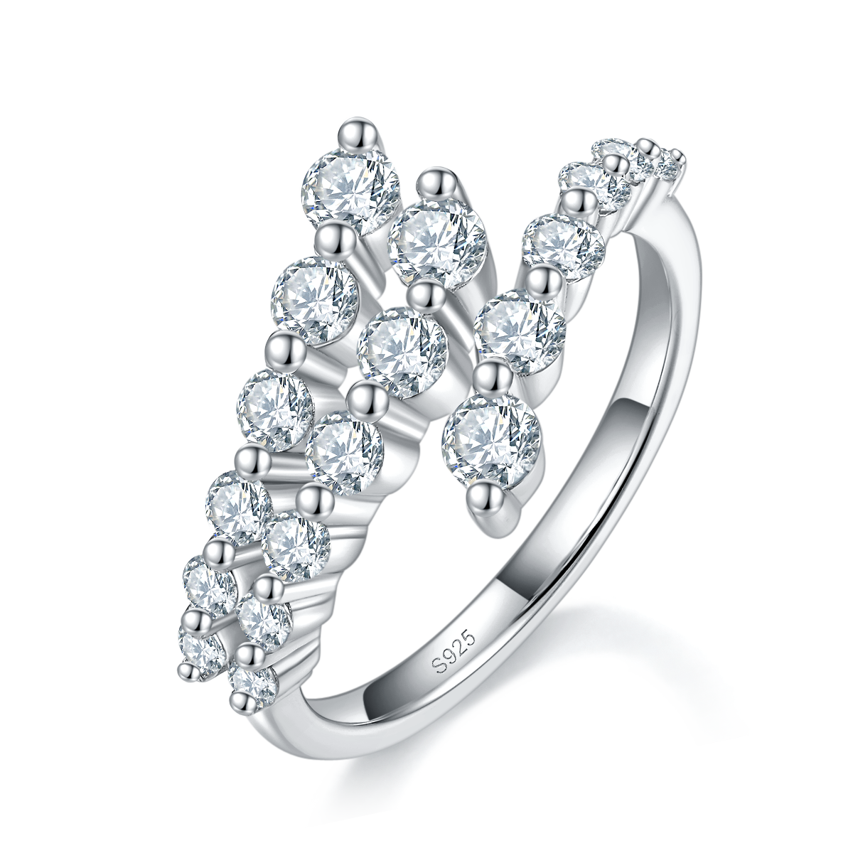 Open three row broken diamond women's ring S925 silver plated platinum customized selection Moissanite 0.99ct