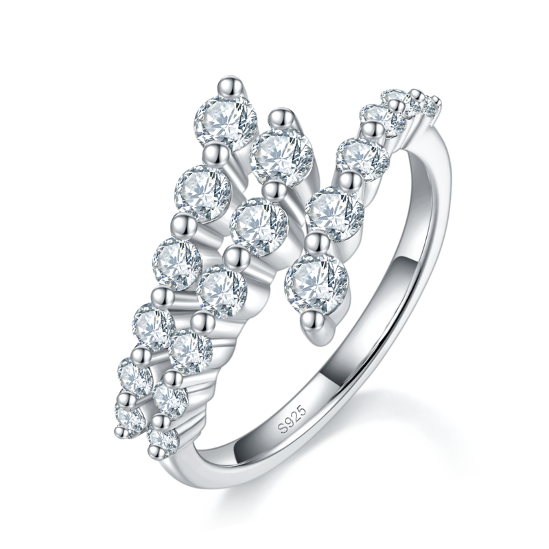 开口三排碎钻Women's RingS925银镀白金定制选款Moissanite0.99ct
