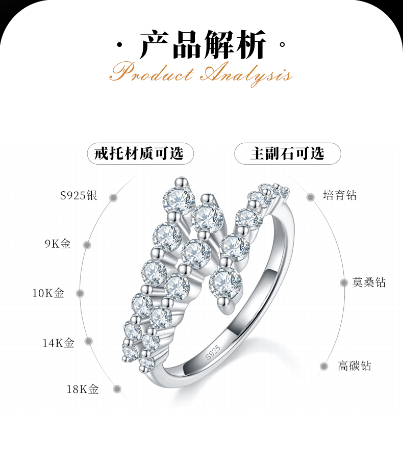 开口三排碎钻女戒S925银镀白金定制选款莫桑钻0.99ct - 2