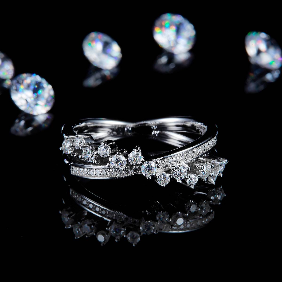 X-shaped ring S925 silver plated platinum customized option Side Stone Moissanite 0.5ct
