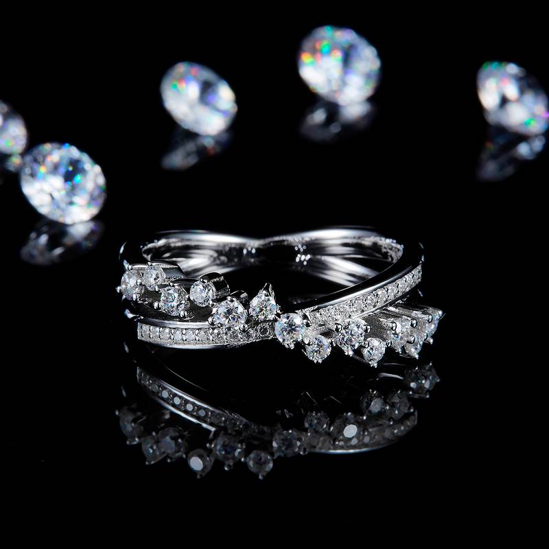 X形排戒S925银镀白金定制选款副石Moissanite0.5ct