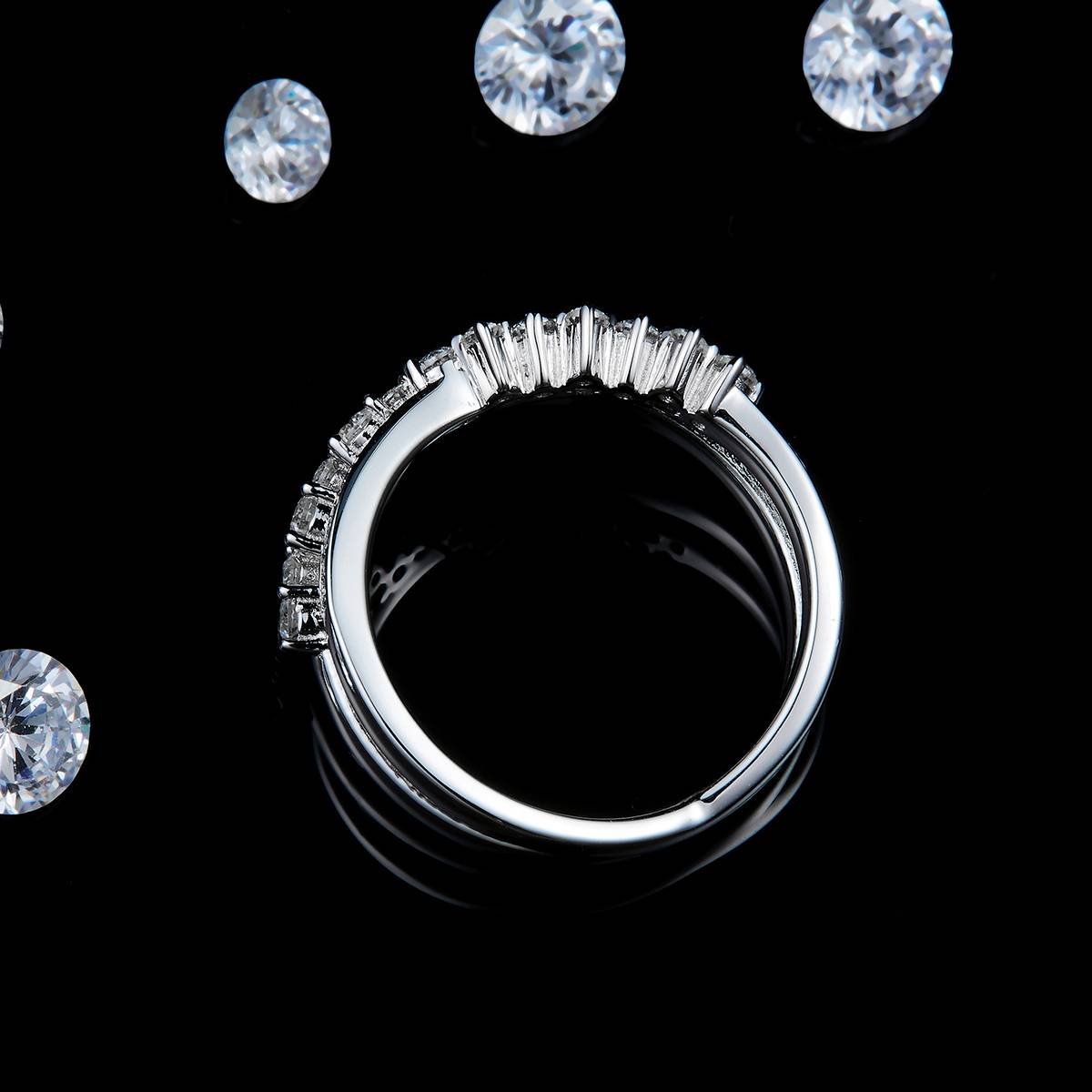 X-shaped ring S925 silver plated platinum customized option Side Stone Moissanite 0.5ct