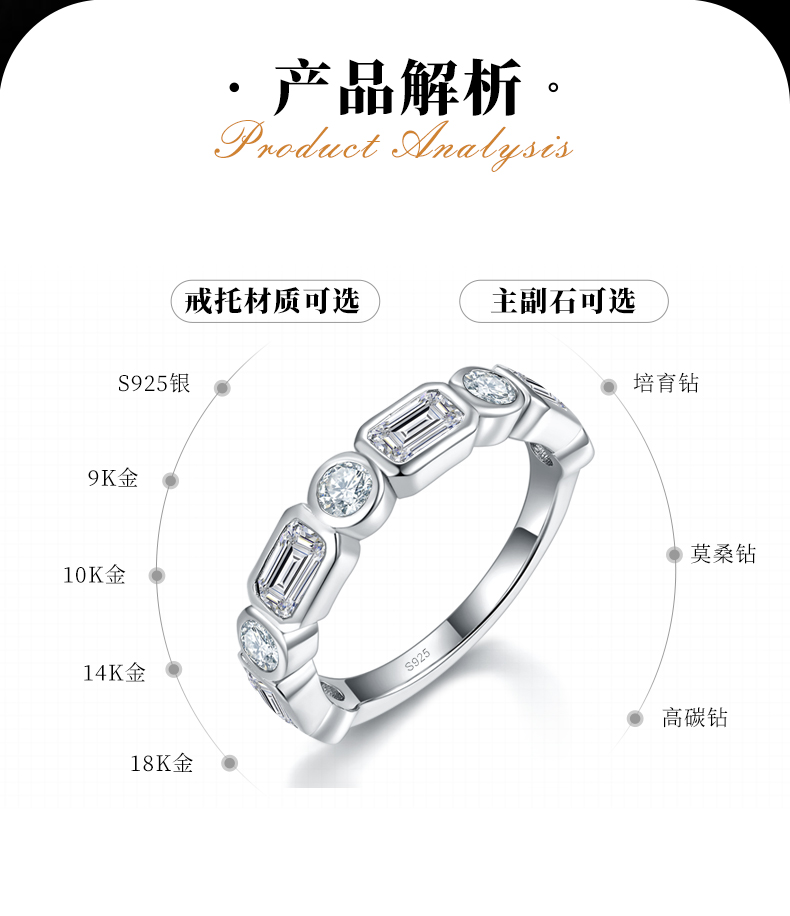 异形钻拼接排戒女戒S925银镀白金定制选款副石莫桑钻2.5ct - 2